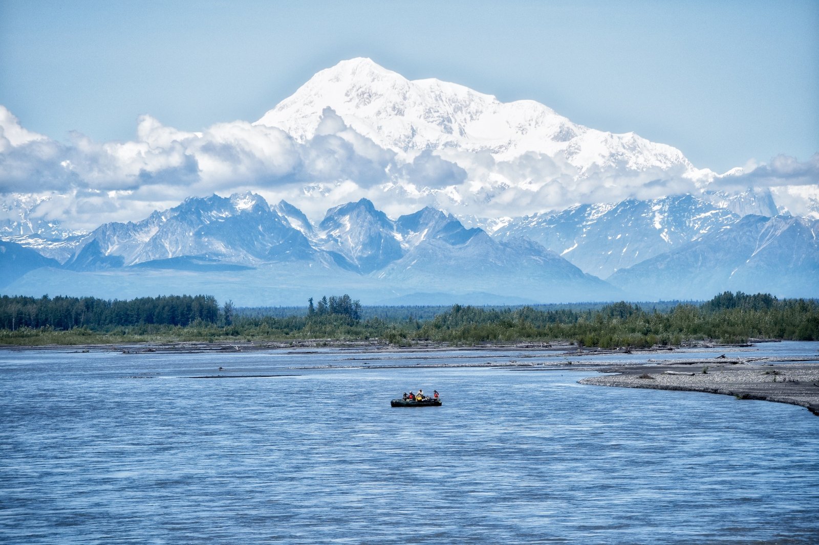 Mount Denali as seen on a clear day Alaska. Travel and adventure. Mountain climbing. Rafting